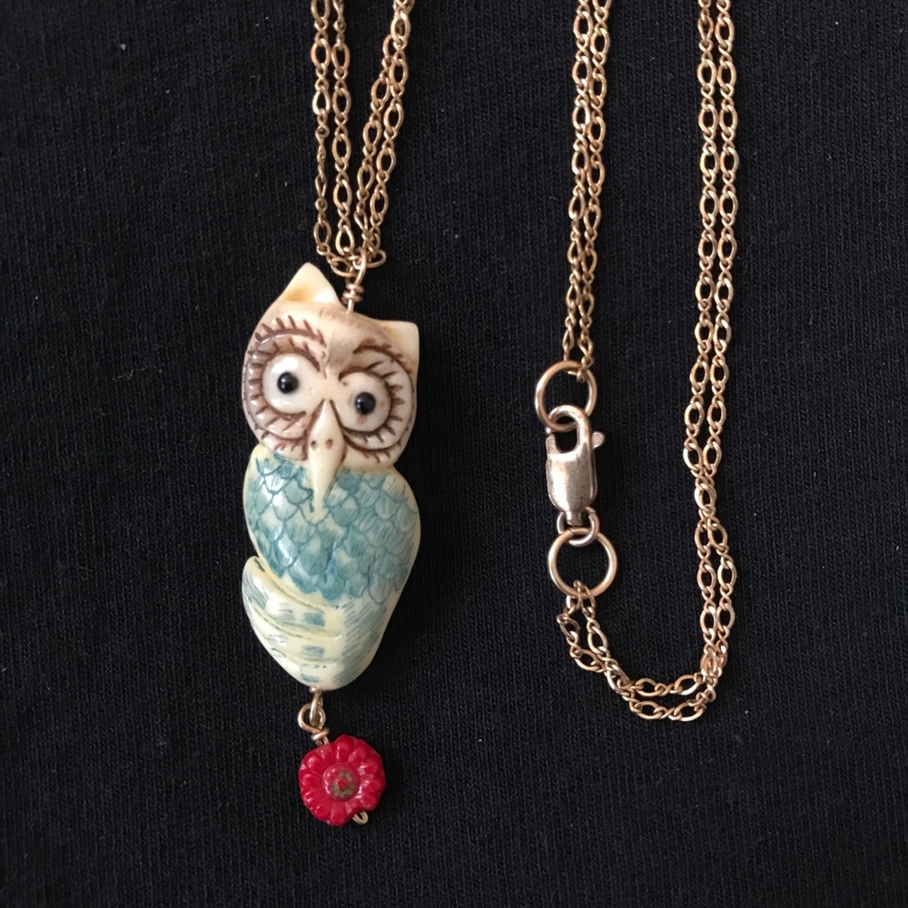 Hand Carved Bone Owl Pendant Necklace